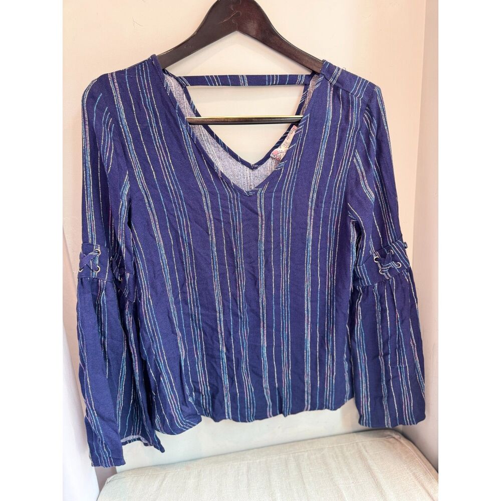 Pink Rose Women's Medium Blue White Dot Stripe Rayon Long Sleeve V Neck Top - Picture 6 of 8
